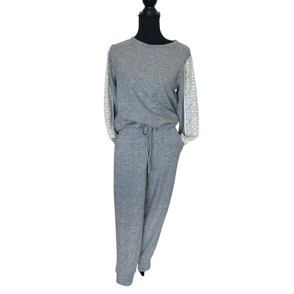 Flora Nikrooz Gray Soft Pajamas SMALL Lace Set Cozy Loungewear Romantic $88 - Picture 5 of 10